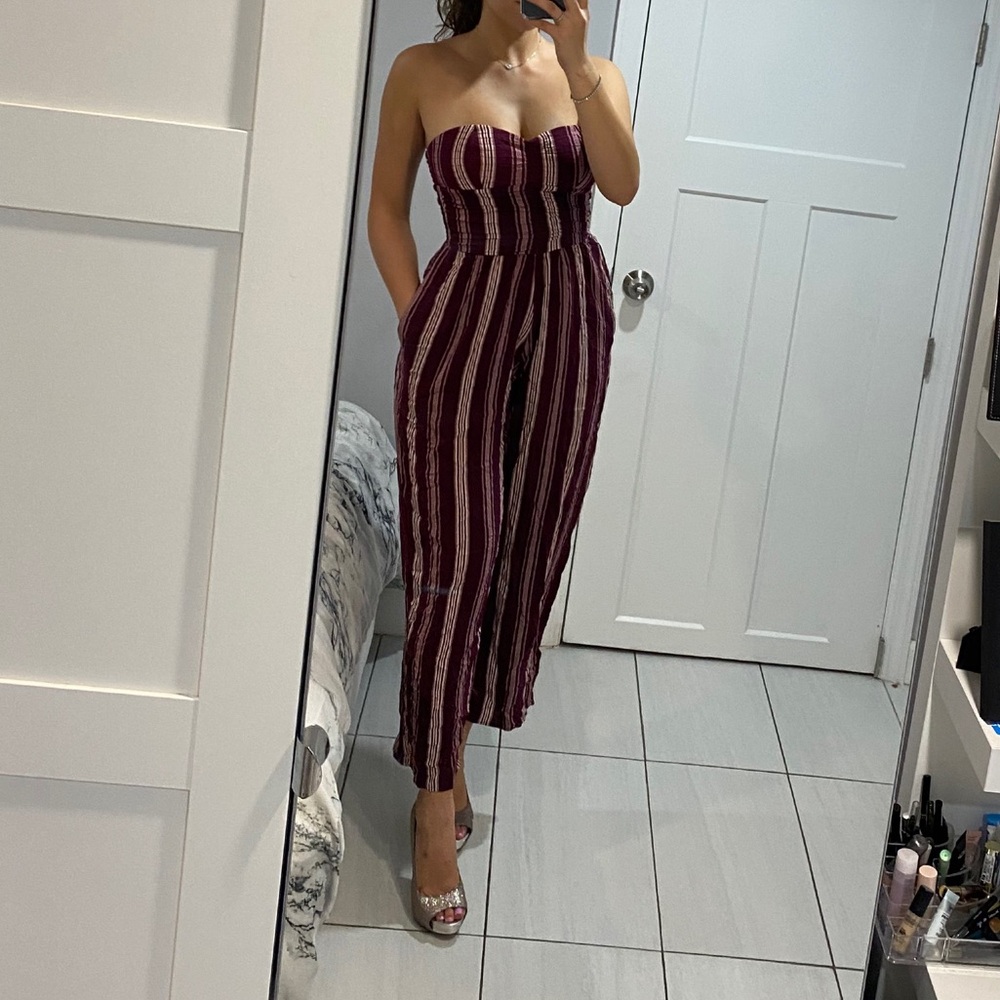 White and burgundy striped jumpsuit